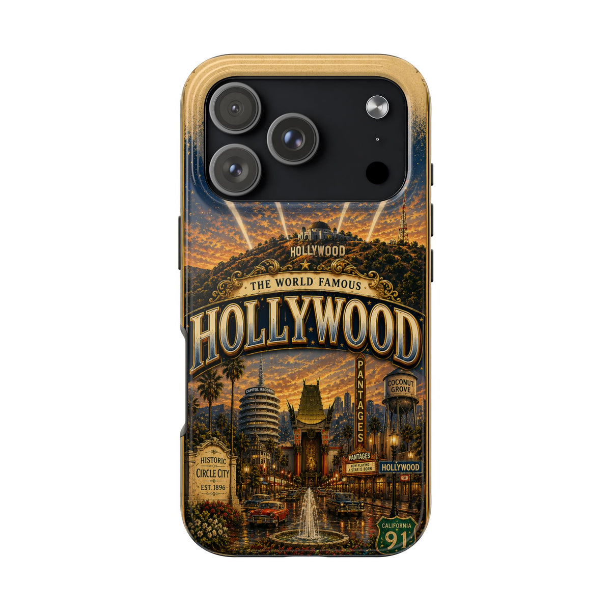 Hollywood Faux Patchwork Phone Case – Vintage Night Lights Retro Cinema Street Scene Old Hollywood Glam Cover