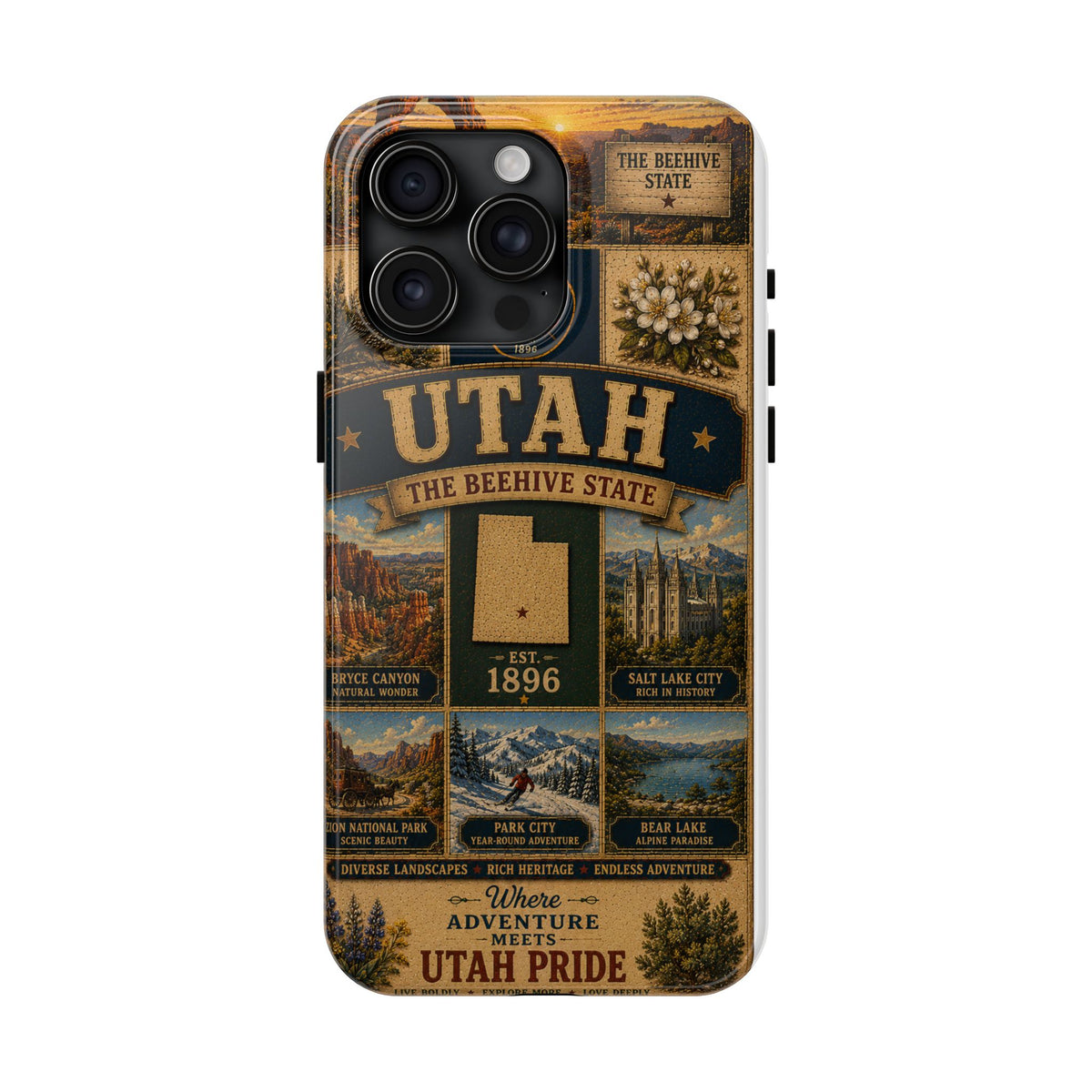 Utah Faux Patchwork Phone Case The Beehive State Vintage Travel Poster Retro State Pride Cover Est 1896