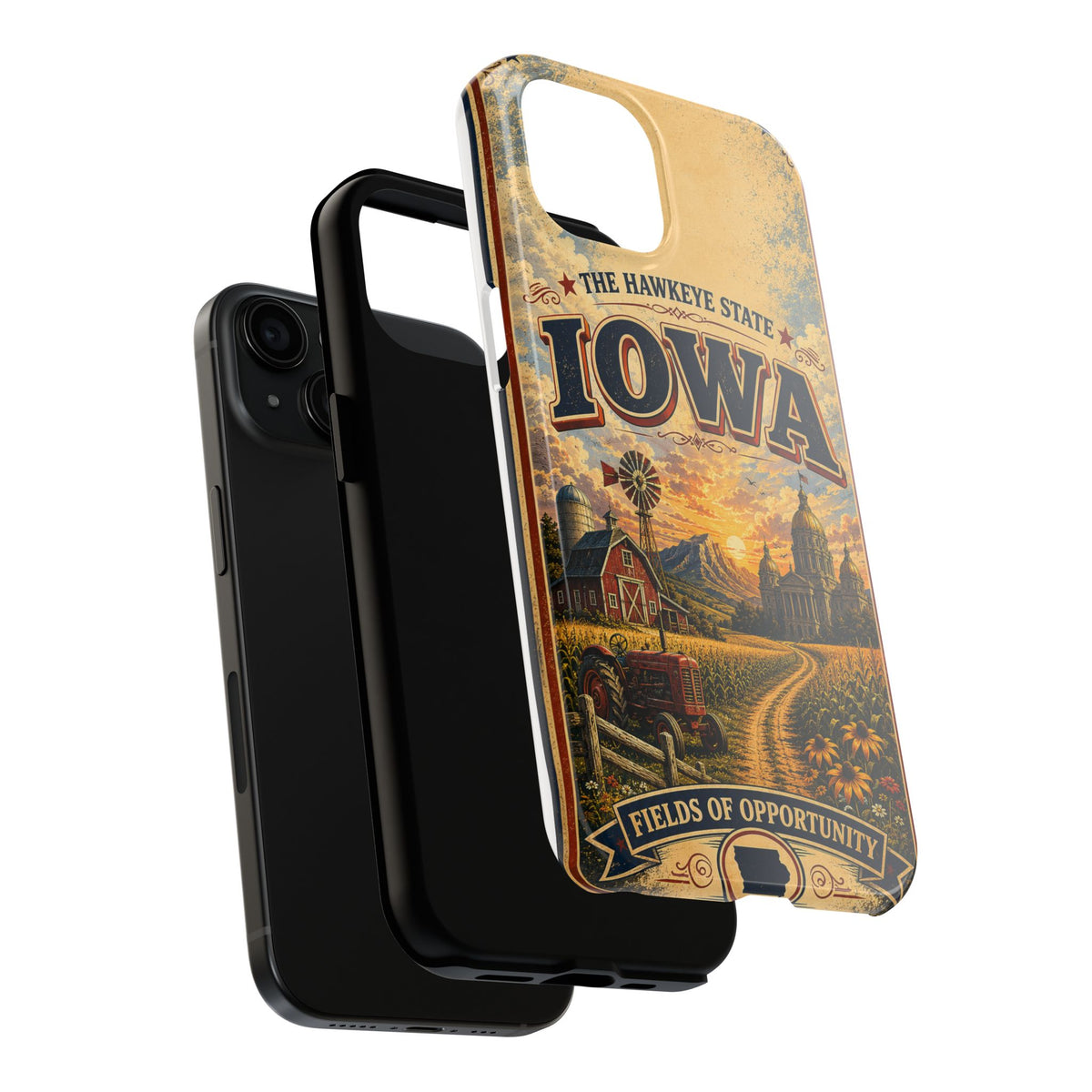 Iowa Hawkeye State Faux Patchwork Phone Case – Vintage Travel Poster Style Iowa Souvenir Cover for iPhone & Samsung