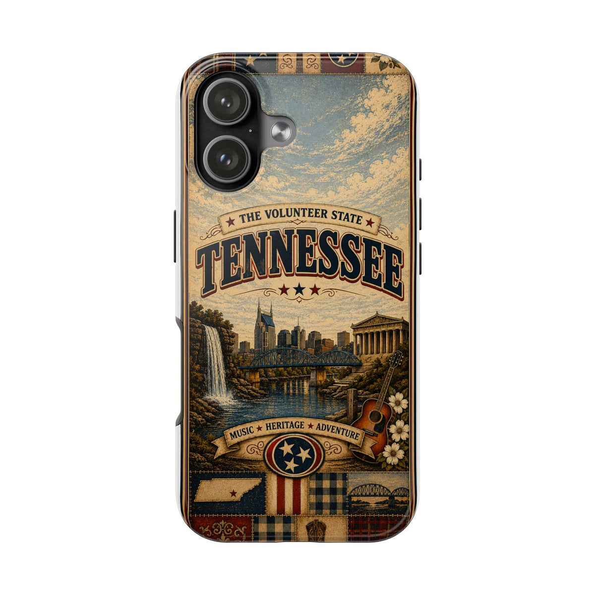 Tennessee Faux Patchwork Phone Case Volunteer State Retro Nashville Skyline Guitar State Pride Cover