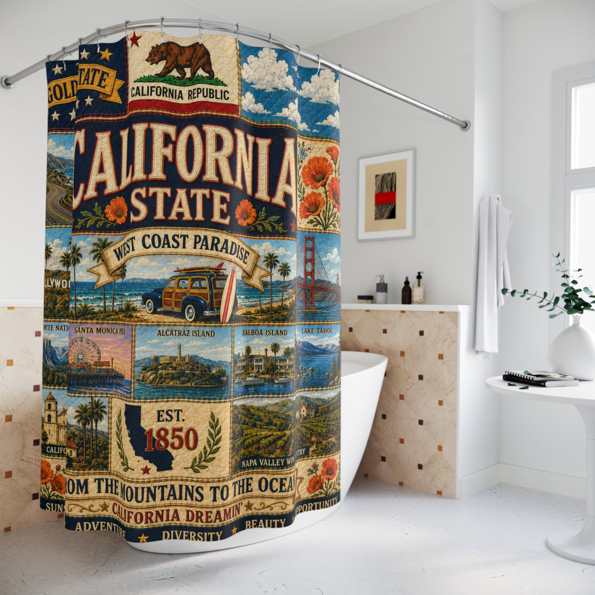California Shower Curtain, Golden State Decor, West Coast Landmark Faux Patchwork, California Dreaming Bathroom Decor