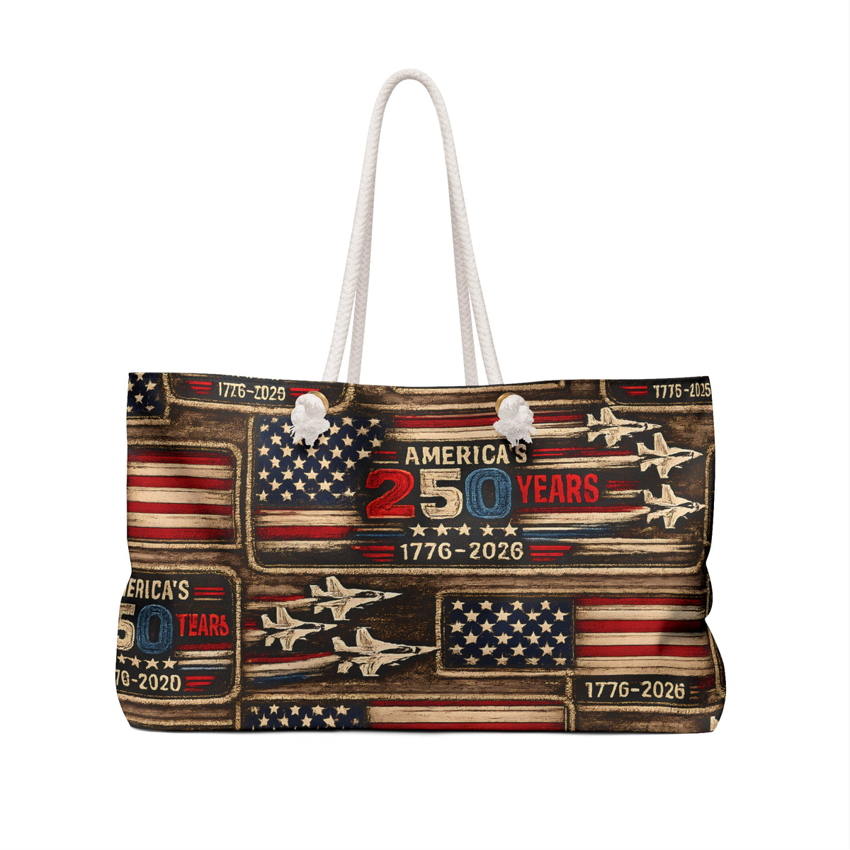 America's 250 Years Patriotic Fighter Jets Weekender Bag Faux Patchwork American Flag Travel Tote 1776-2026