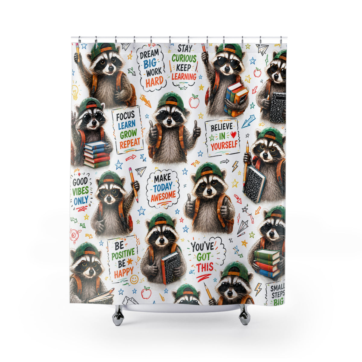 Back to School Raccoon Shower Curtain Dream Big Stay Curious Cute Student Motivational Classroom Bathroom Decor Kids Gift