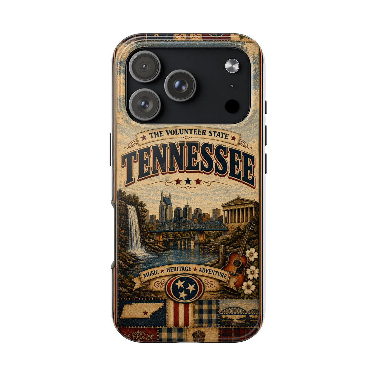 Tennessee Faux Patchwork Phone Case Volunteer State Retro Nashville Skyline Guitar State Pride Cover