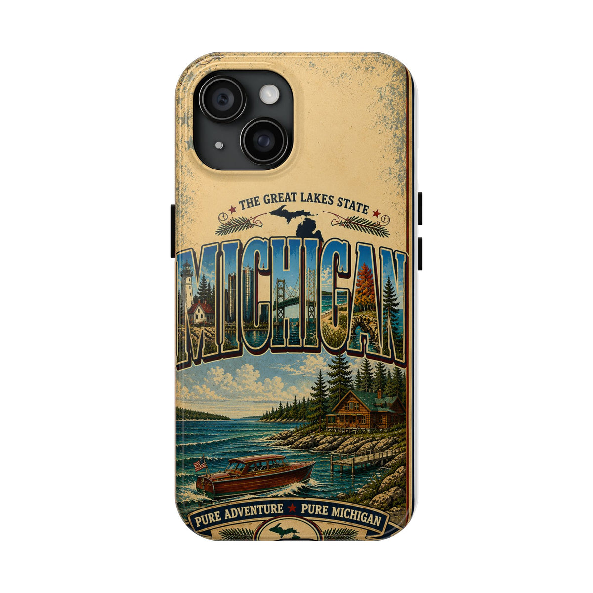Michigan Great Lakes Faux Patchwork Phone Case – Vintage Travel Poster Style Michigan State Pride Cover for iPhone & Samsung