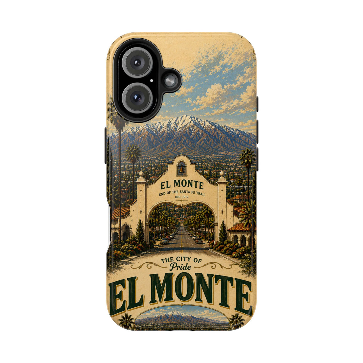 El Monte Faux Patchwork Phone Case – Santa Fe Trail Historic Archway Retro Travel Cover for iPhone 17 Samsung S26