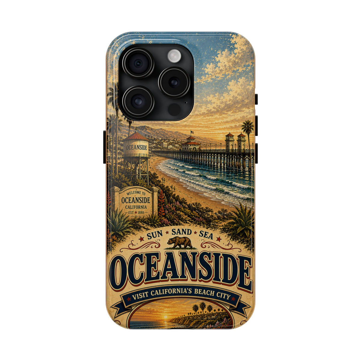 Oceanside Sunset Pier Faux Patchwork Phone Case – California Coastal Vintage Travel Art Beach Cover
