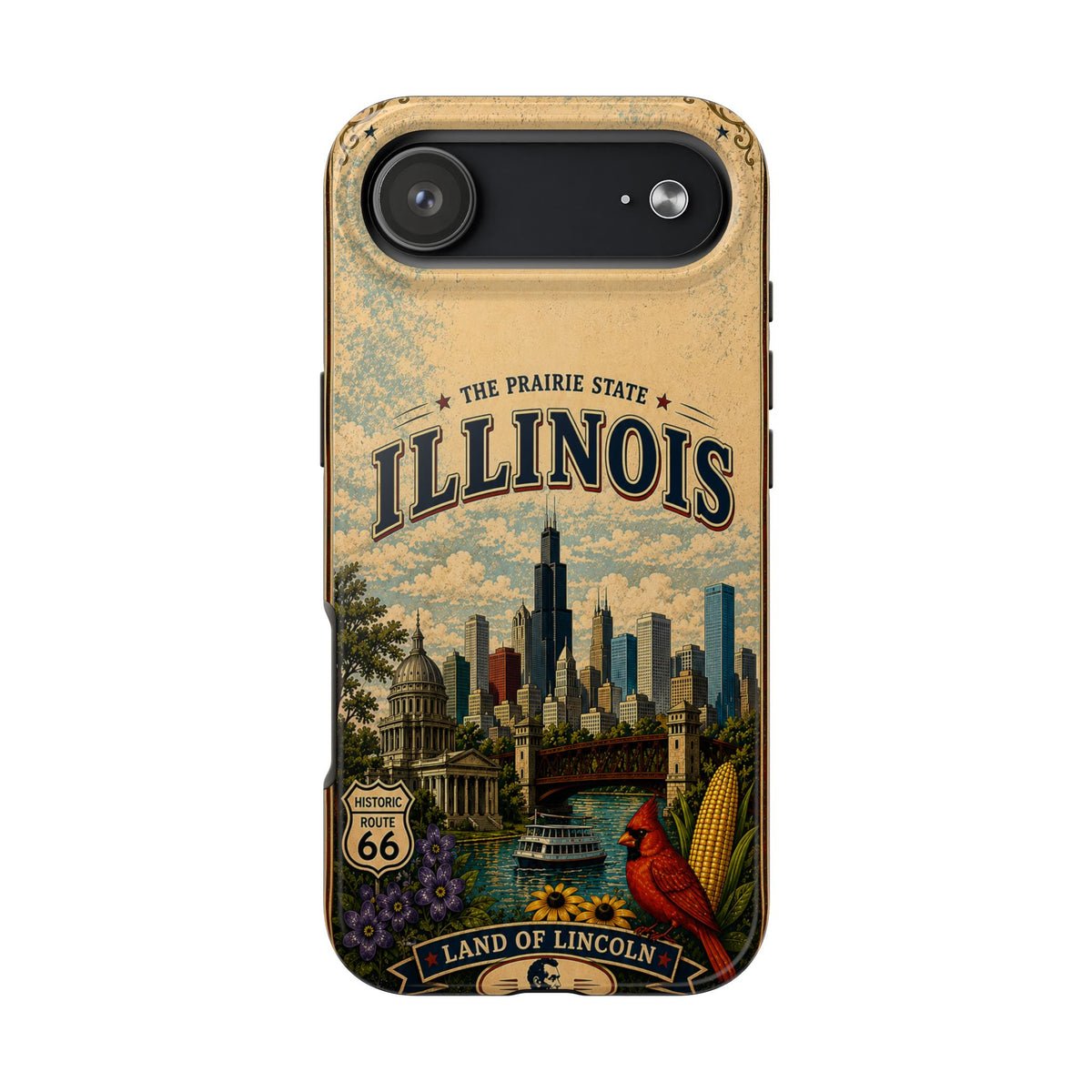 Illinois Prairie State Faux Patchwork Phone Case Vintage Travel Poster Retro State Pride Cover