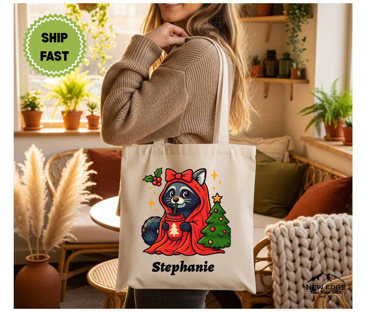 Personalized Christmas Tote Bag – Cute Raccoon in Orange Hooded Robe with Bow by Christmas Tree, Cotton Canvas Shopping Bag
