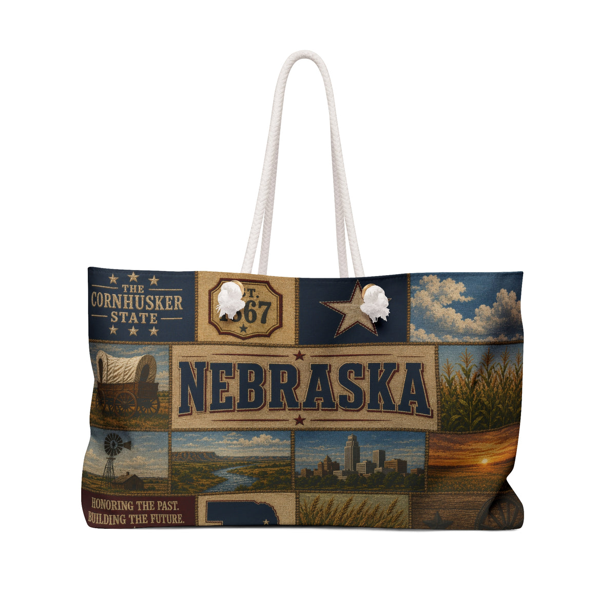 Nebraska Weekender Bag Cornhusker State Faux Patchwork Travel Tote Honoring the Past Building the Future Souvenir Gift