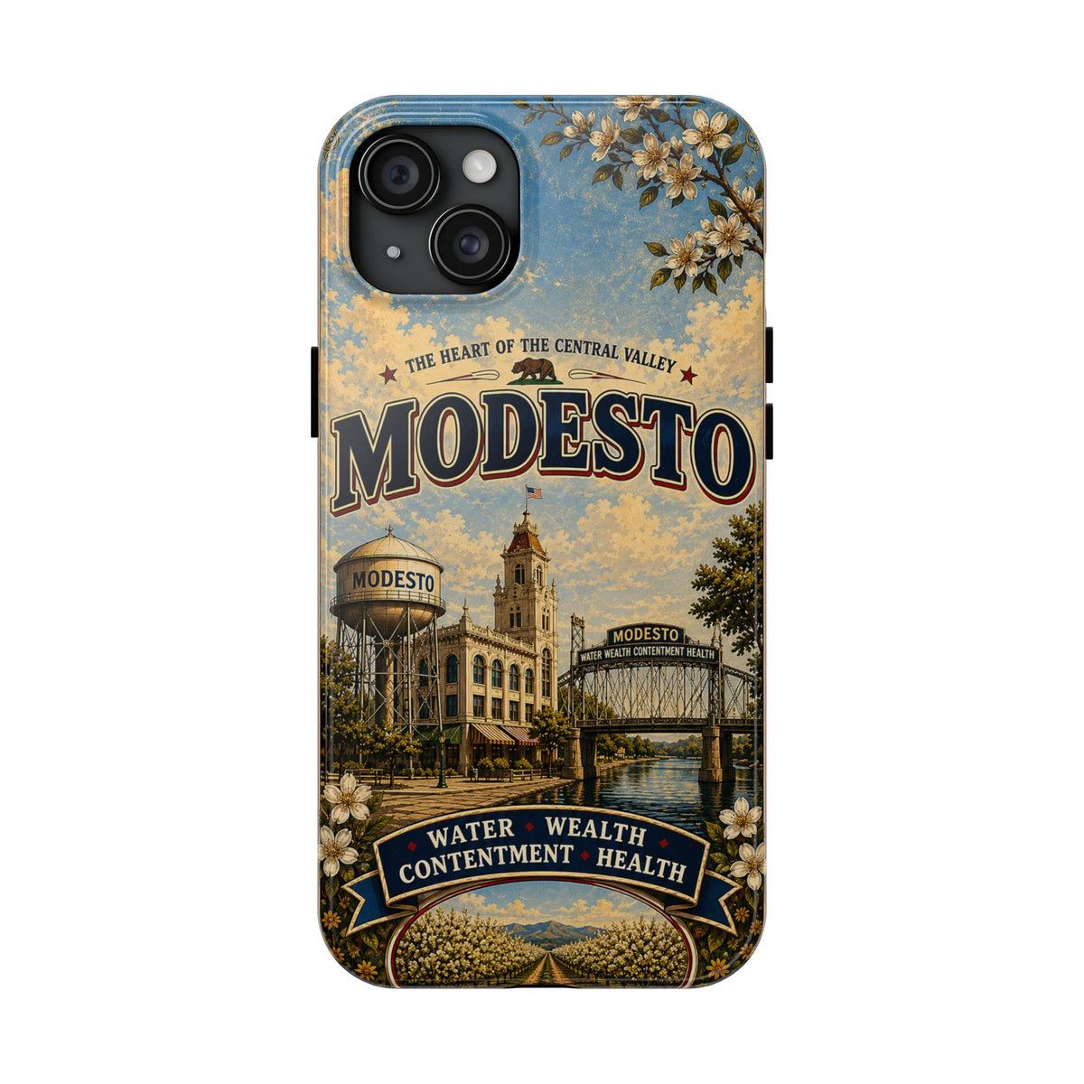 Modesto Faux Patchwork Phone Case – Central Valley Heritage Retro Travel Art, Orchard & Waterfront Cover