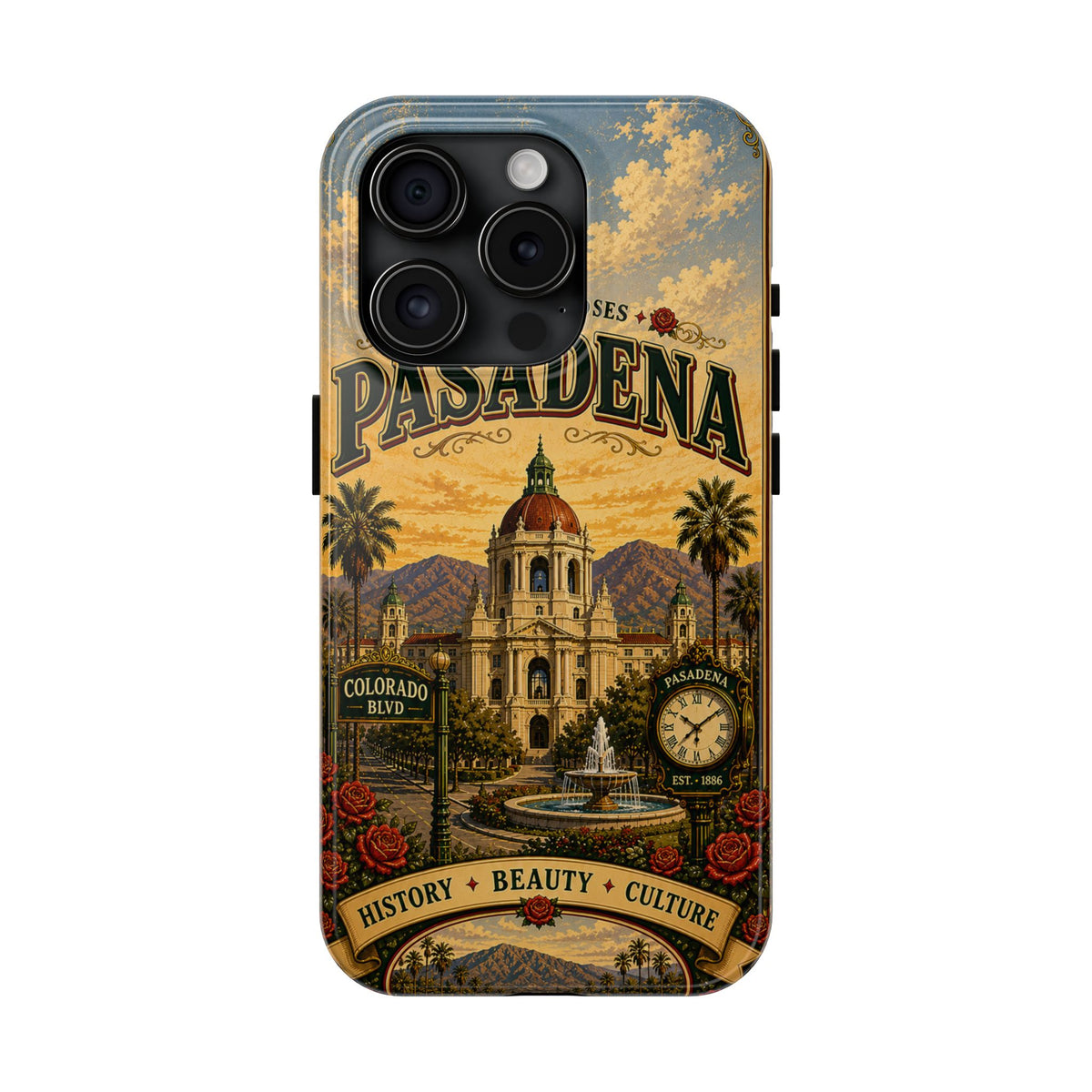 Pasadena City of Roses Faux Patchwork Phone Case – Vintage California Landmark Travel Art Cover