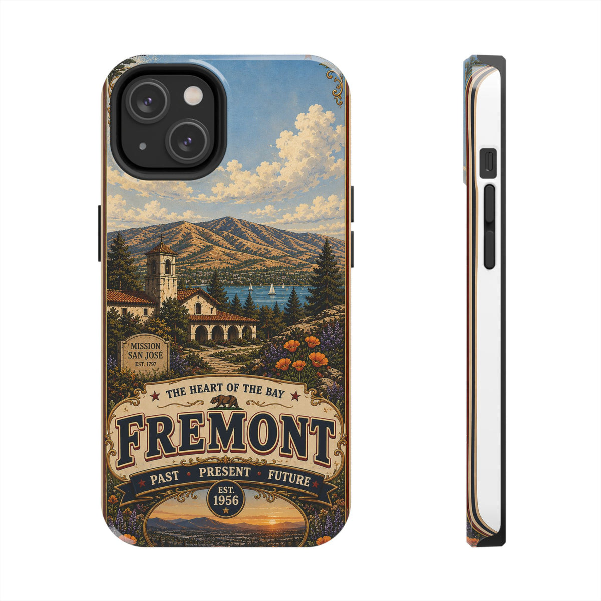 Fremont California Faux Patchwork Phone Case – Heart of the Bay Retro Travel Art, Mission San José Landmark Cover
