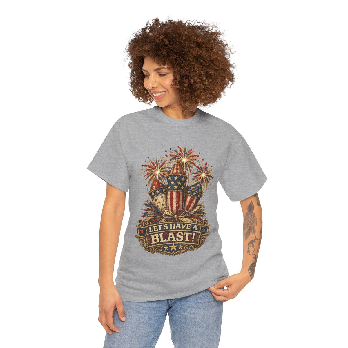 T-Shirt — "Let's Have a Blast!" American Flag Fireworks 4th of July Tee
