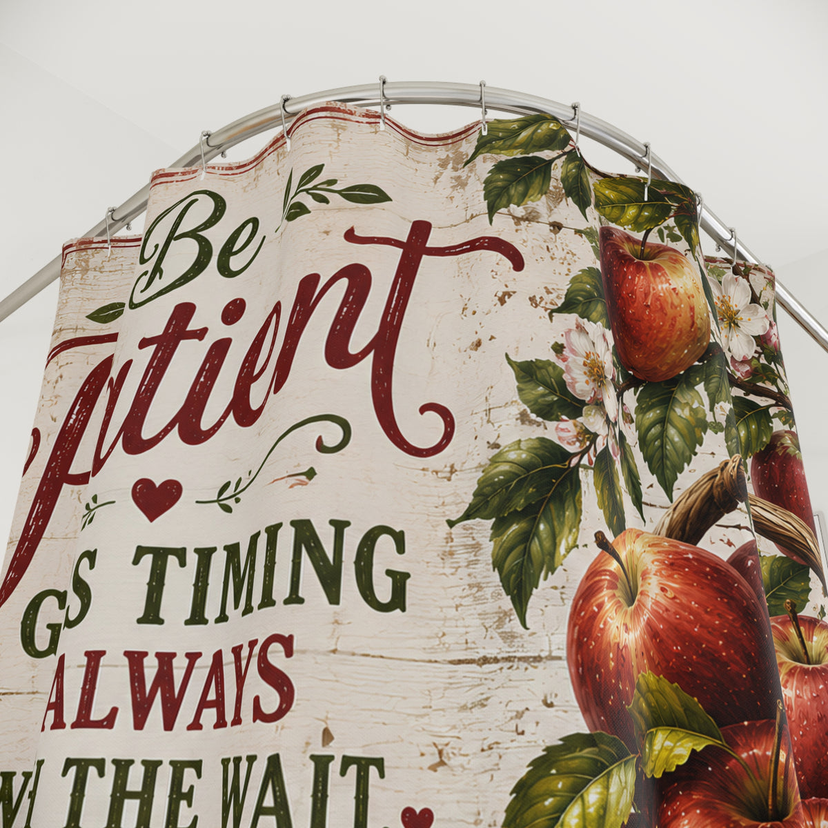 Apple Christian Shower Curtain Be Patient Gods Timing Is Worth the Wait Ecclesiastes 3 1 Farmhouse Faith Decor
