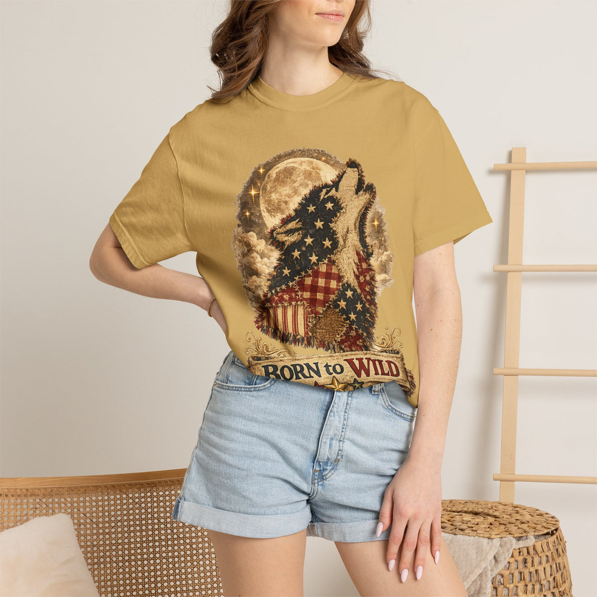 Born to Wild American Flag Wolf T-Shirt