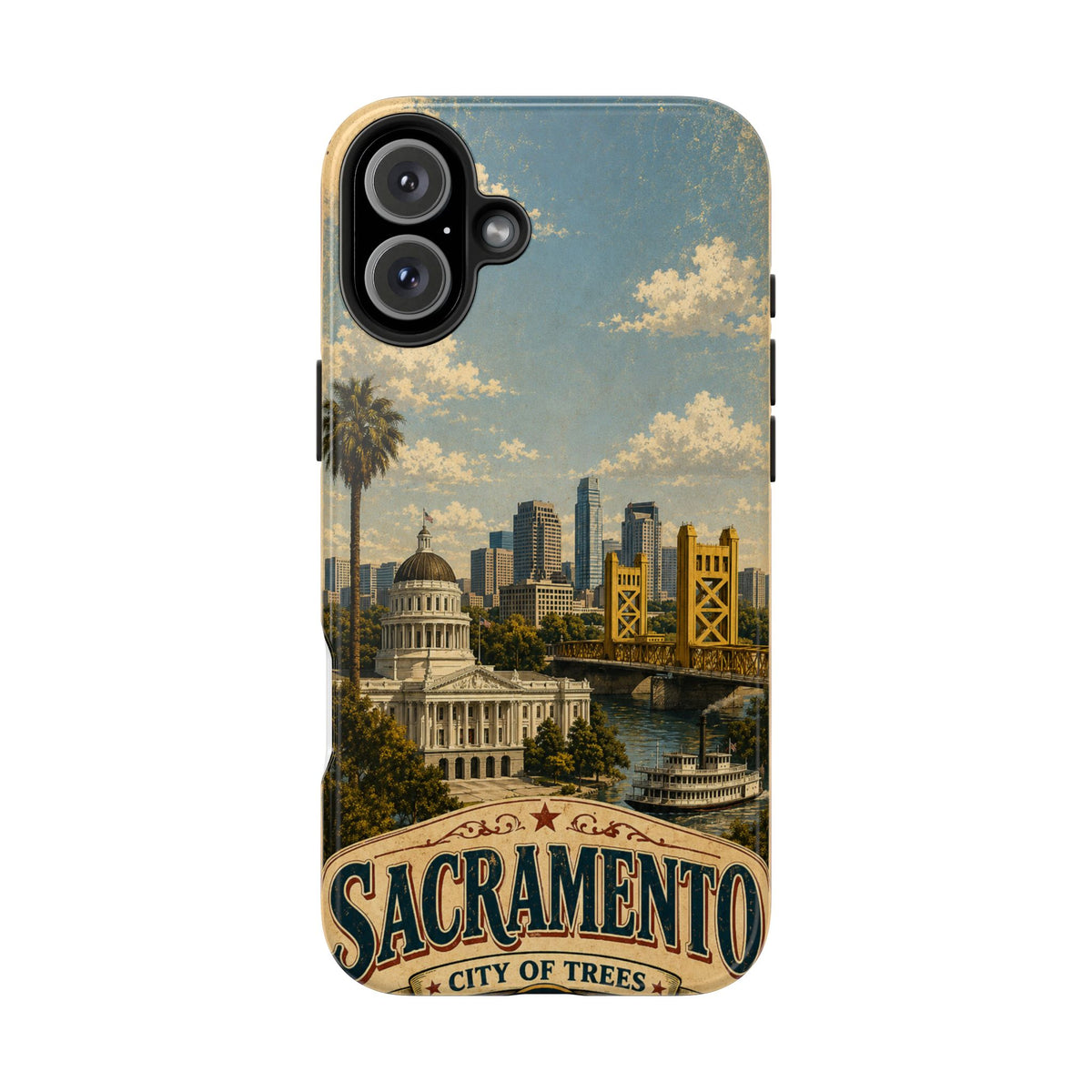 Sacramento City of Trees Faux Patchwork Phone Case Vintage California Landmark Travel Poster Cover