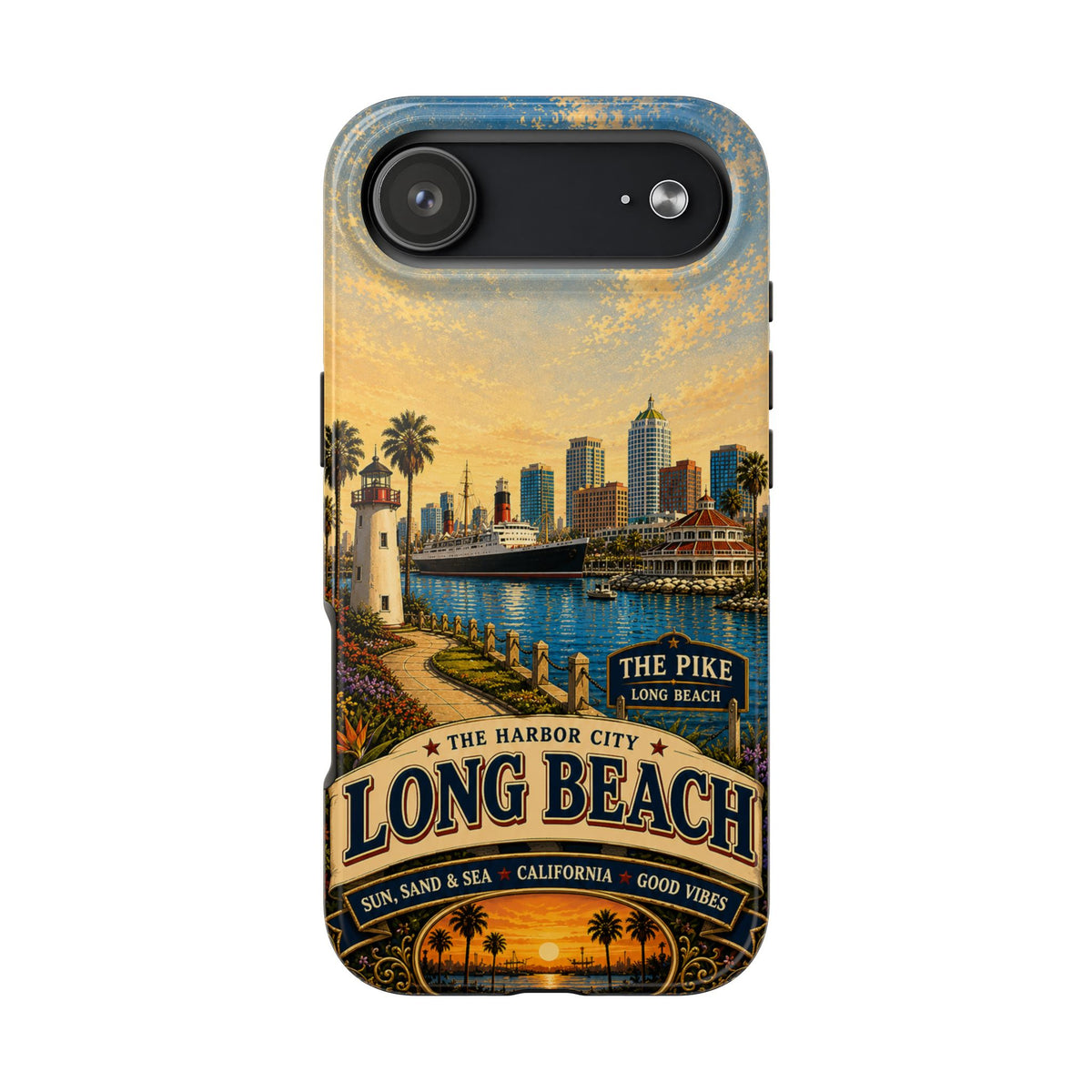Long Beach Faux Patchwork Phone Case – Harbor City Coastal Retro Art, California Sunset Waterfront Cover