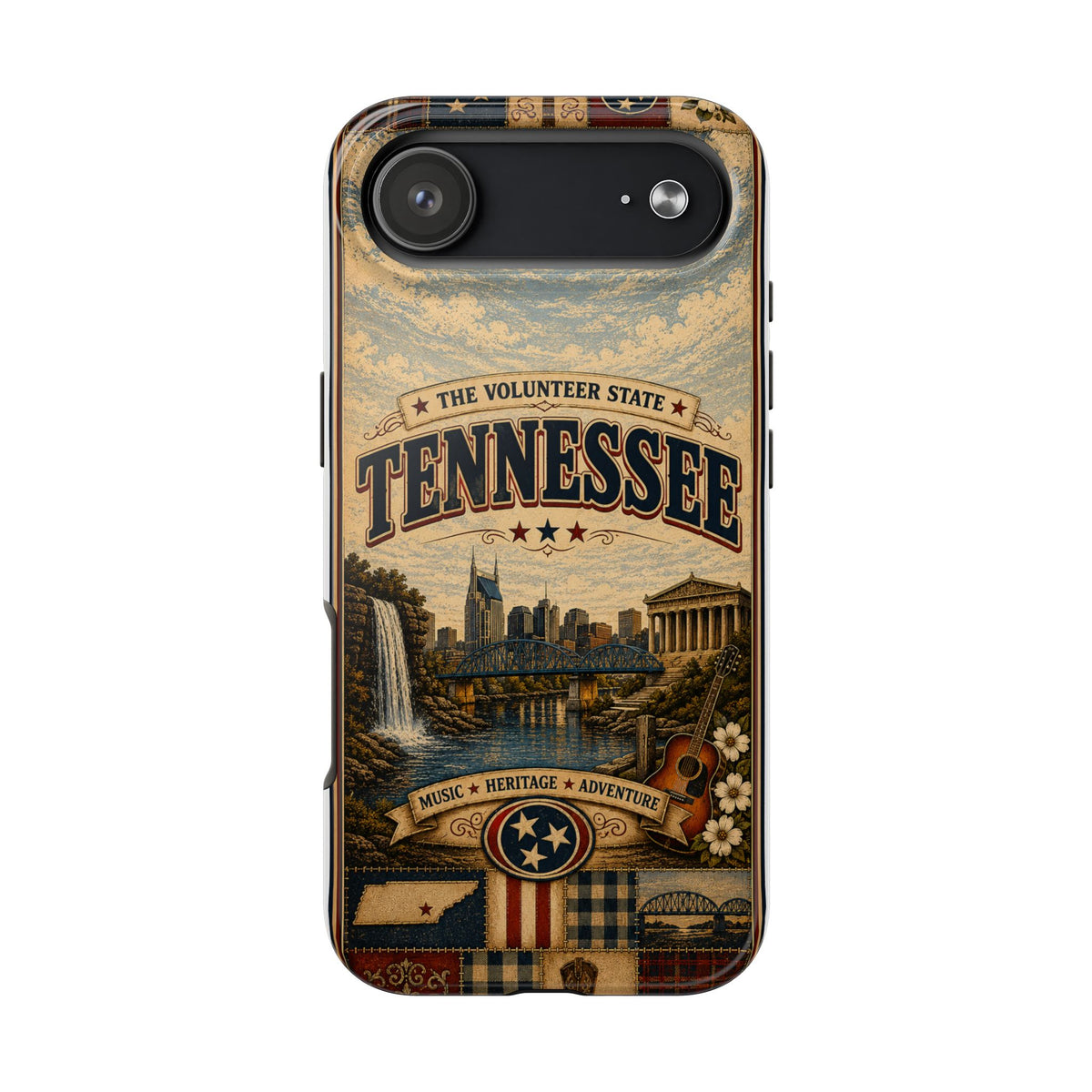 Tennessee Faux Patchwork Phone Case Volunteer State Retro Nashville Skyline Guitar State Pride Cover