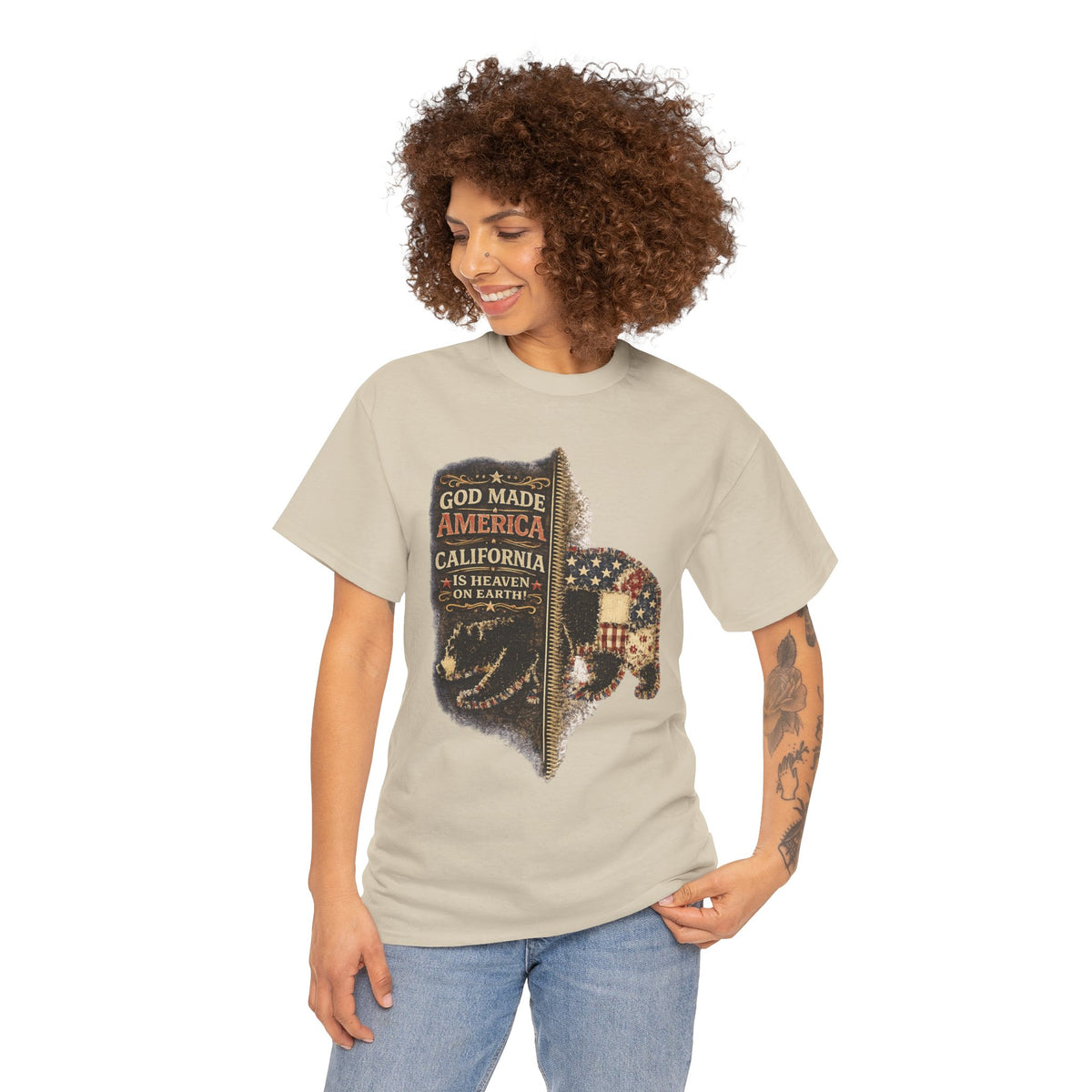 California Buffalo Patriotic T-Shirt — "God Made America, California Is Heaven on Earth"