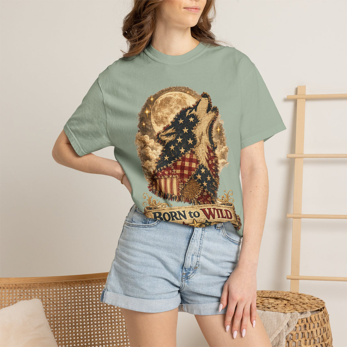 Born to Wild American Flag Wolf T-Shirt