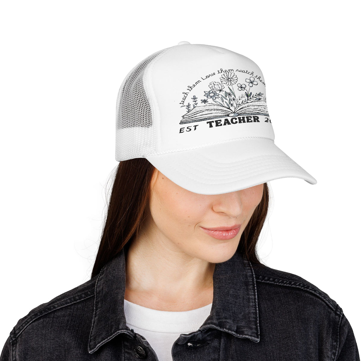 Floral Teacher Foam Trucker Hat, Embroidered Cap for Educators, Gifts for Teachers, Teacher Appreciation, Graduation Hat, Customizable