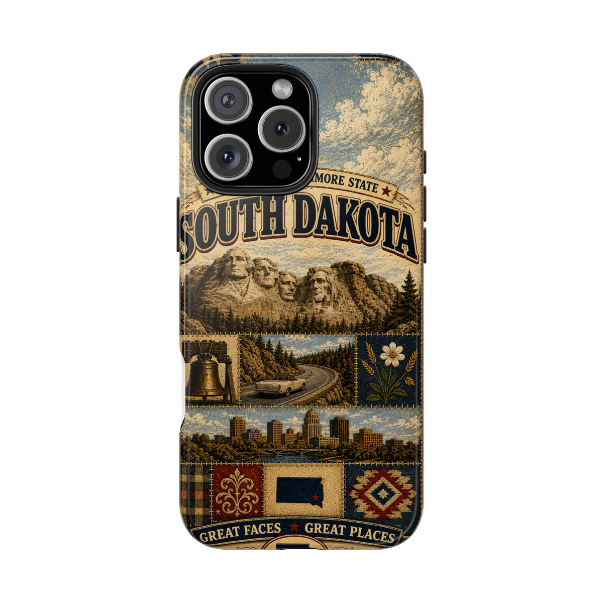 South Dakota Faux Patchwork Phone Case Mount Rushmore State Retro Bison Scenic Road State Pride Cover