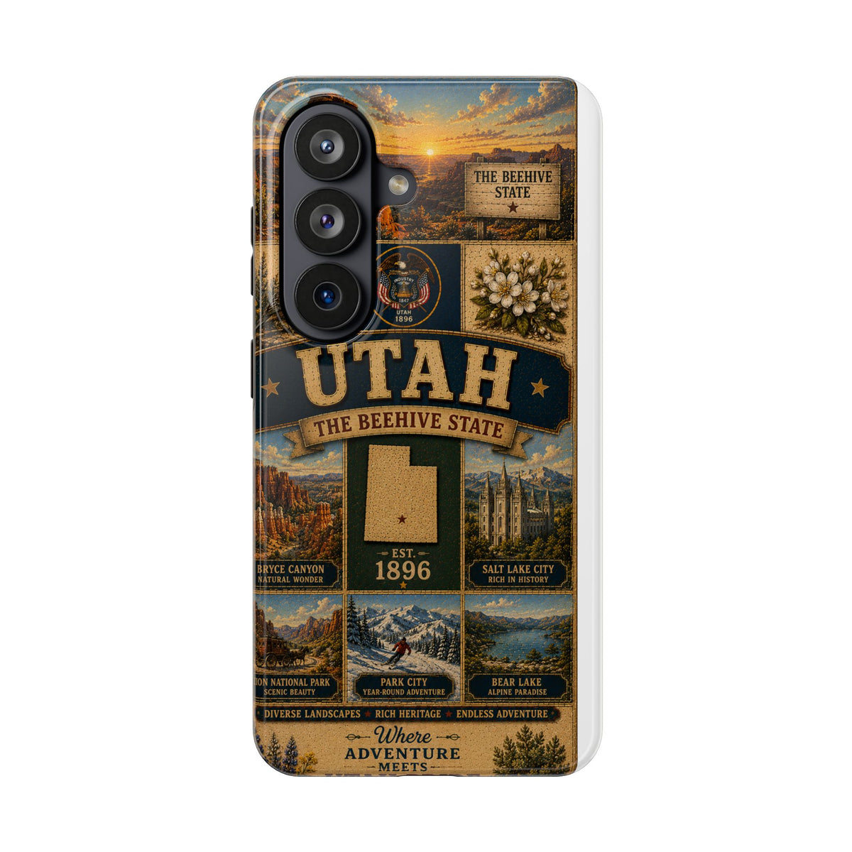 Utah Faux Patchwork Phone Case The Beehive State Vintage Travel Poster Retro State Pride Cover Est 1896
