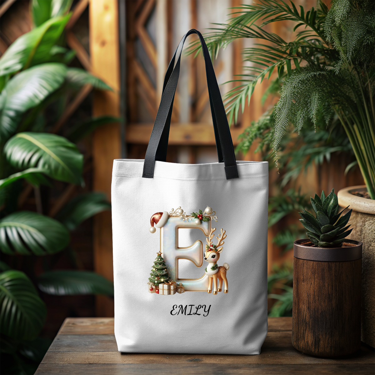 Tote Bag (AOP)Personalized Reindeer Christmas Name Tote Bag – Custom Initial Cotton Canvas Tote, Matching Holiday Group Bag & Reusable Xmas Shopping Tote