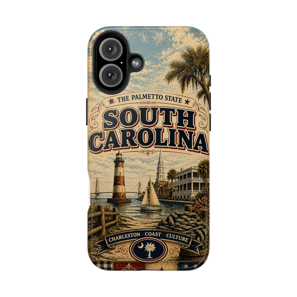 South Carolina Faux Patchwork Phone Case Palmetto State Retro Charleston Coastal Lighthouse State Pride Cover