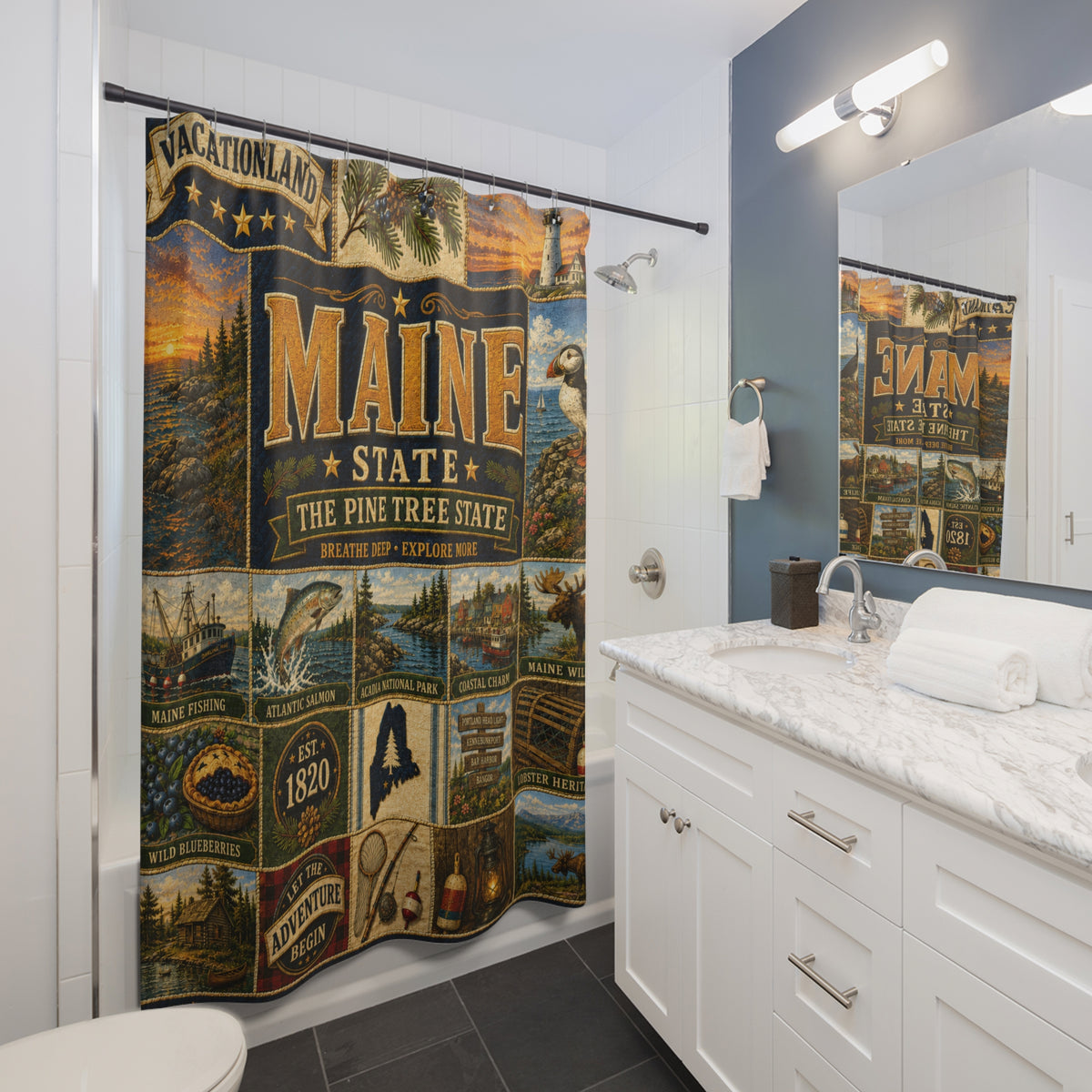 Maine Shower Curtain, Vacationland Coastal Decor, Pine Tree State Faux Patchwork, New England Bathroom Decor