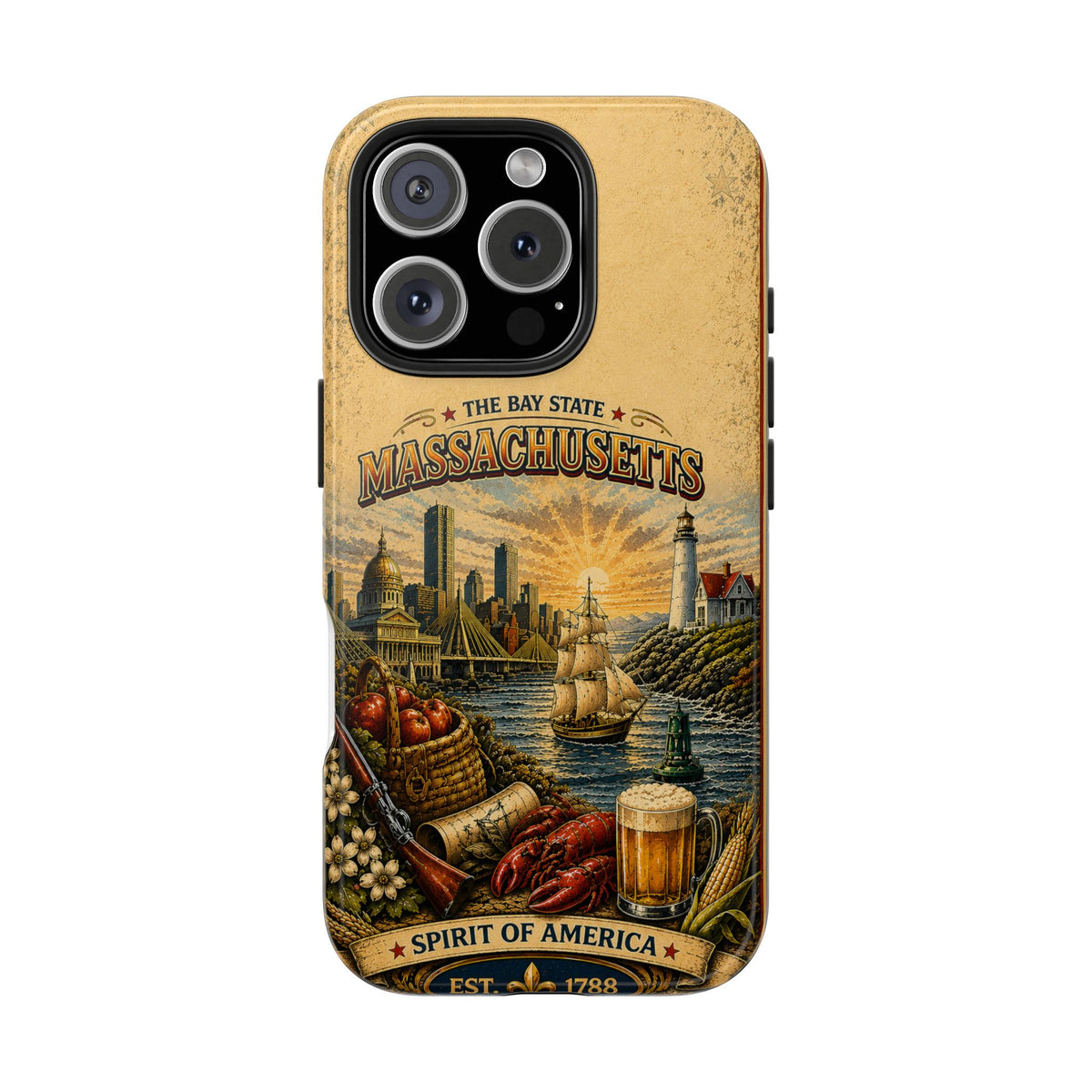 Massachusetts Bay State Faux Patchwork Phone Case – Vintage Travel Poster Style New England Souvenir Cover for iPhone & Samsung