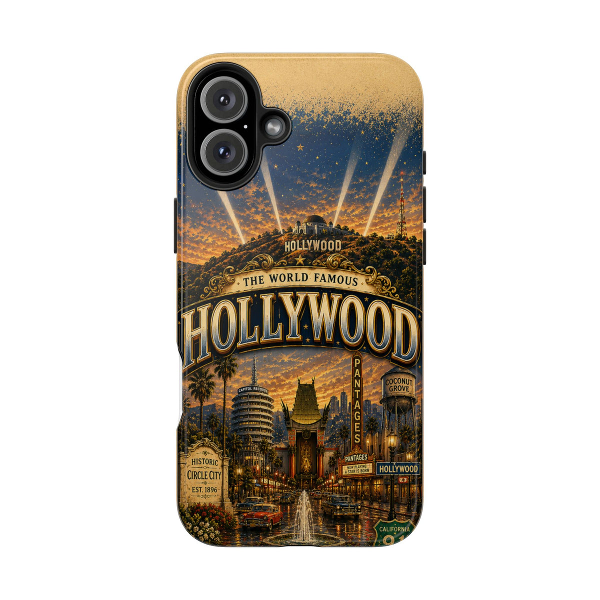 Hollywood Faux Patchwork Phone Case – Vintage Night Lights Retro Cinema Street Scene Old Hollywood Glam Cover