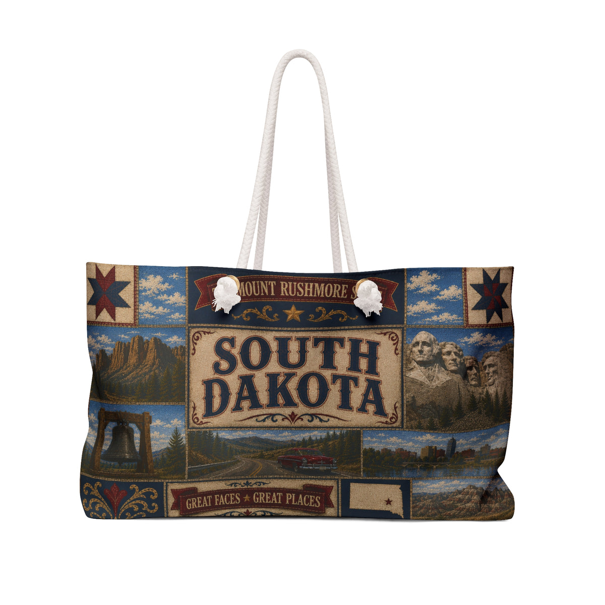 South Dakota Weekender Bag Great Faces Great Places Faux Patchwork Travel Tote Mount Rushmore State Vacation Gift