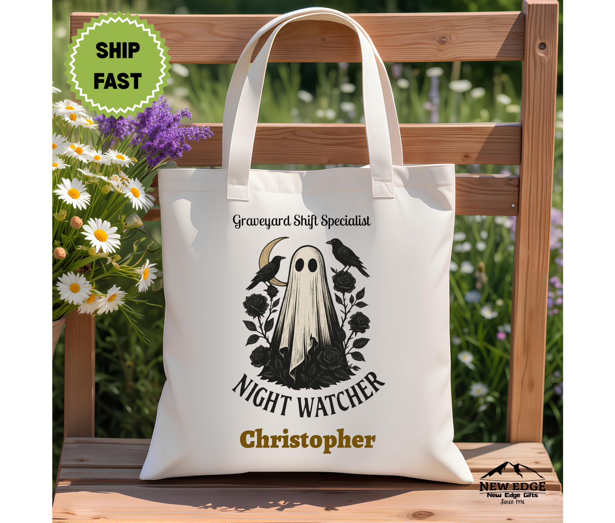 Personalized Halloween Tote Bag – Ghost with Black Flowers & Crows, “Night Watcher Graveyard Shift Specialist” Cotton Canvas Bag