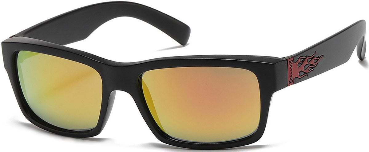 Choppers 8CP6779 Wrap Sunglasses – UV400 Mirror Lens Biker Shades, Black Frame Flame Detail, Men’s Riding Eyewear