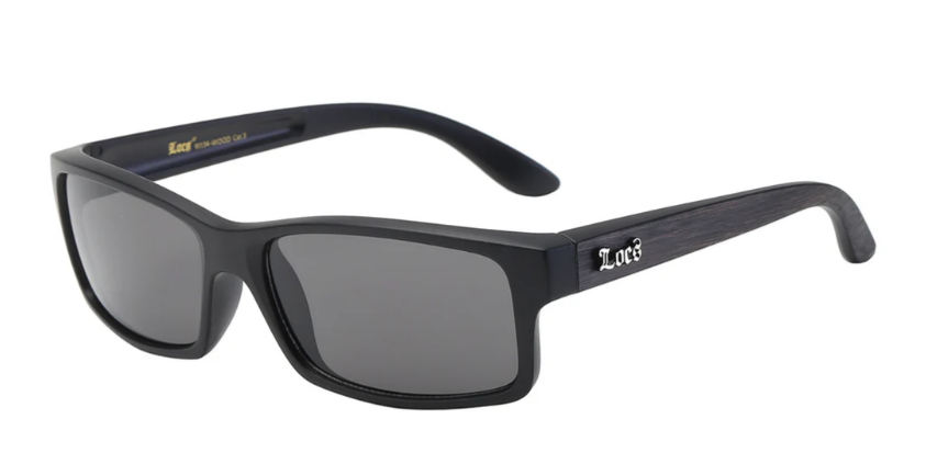 Locs 8LOC91134-WOOD Square Wrap Sunglasses – Matte Black Frame, Wood Print Temples, Unisex Smoke Lenses