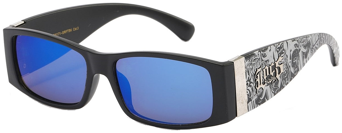 Locs 8LOC91171-GRFTSK Black Frame Blue Mirror Lens Sunglasses – Graphic Temple Streetwear Shades