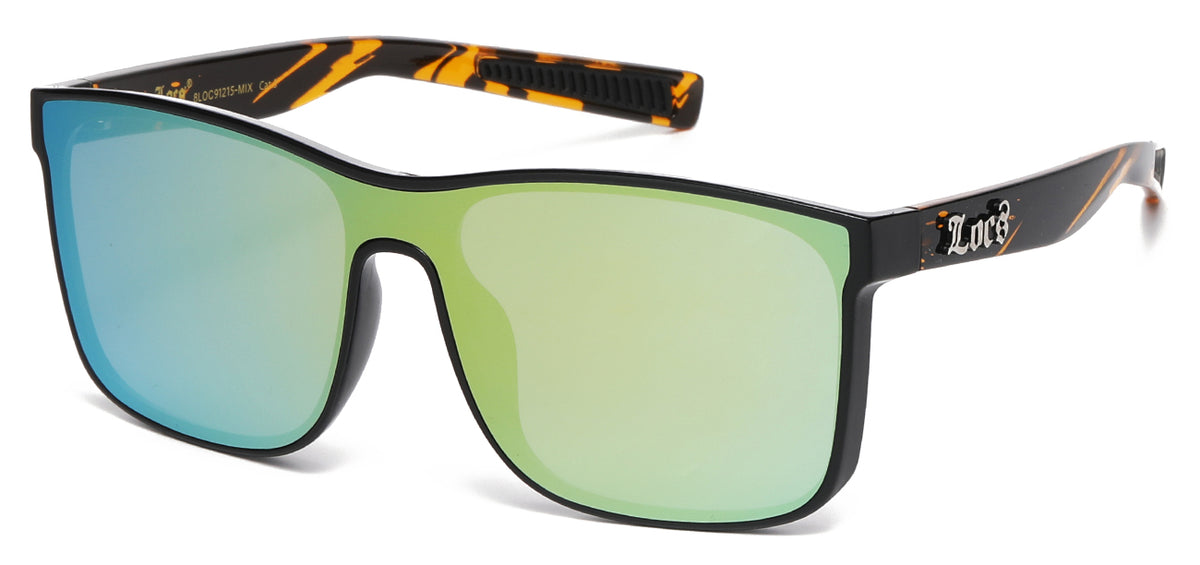 Locs 8LOC91215-MIX Square Wrap Sunglasses – Black Frame, Multi-Color Mirror Lenses, UV Protection