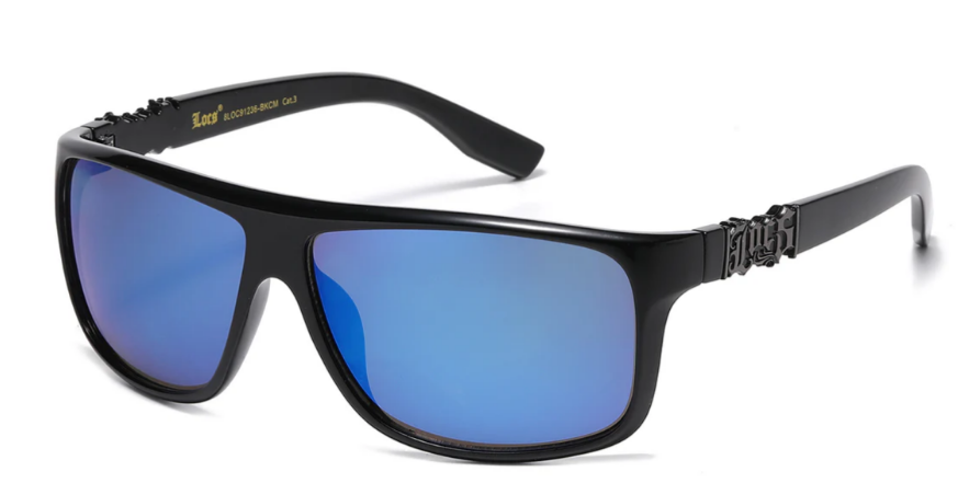Locs 8LOC91236-BKCM Mirror Lens Sunglasses – Black Polycarbonate Sportswrap Street Shades with Metal Logo