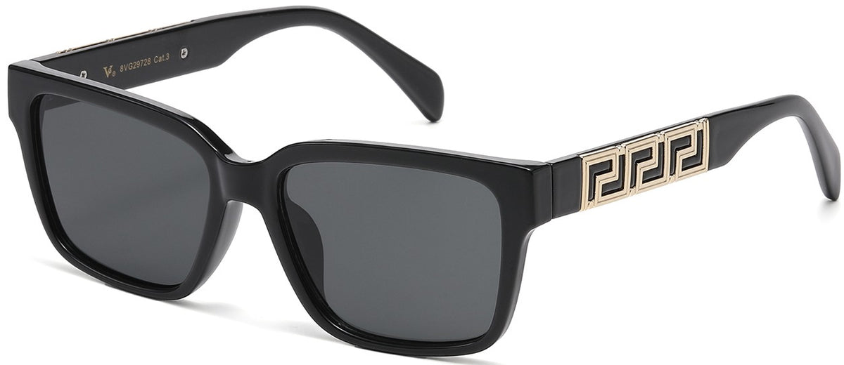 8VG29728 Unisex Square Sunglasses – Black Frame Smoke Lens, Gold Accent Designer Style Shades, UV400 Fashion Eyewear