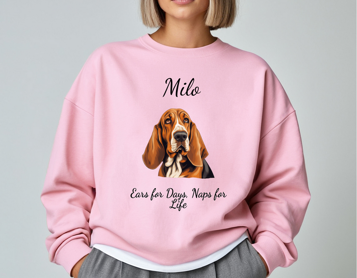 Personalized Basset Hound Sweatshirt – “Ears for Days, Naps for Life” | Unisex Christmas Gift for Dog Lovers, Pet Gift