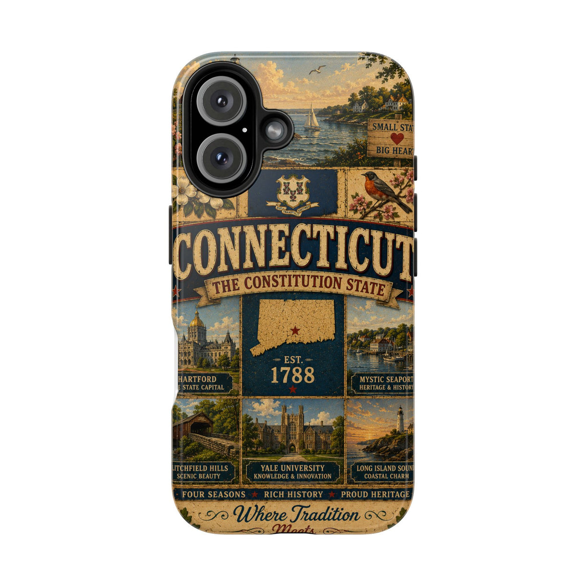 Connecticut Constitution State Faux Patchwork Phone Case Vintage Travel Poster Pride Cover