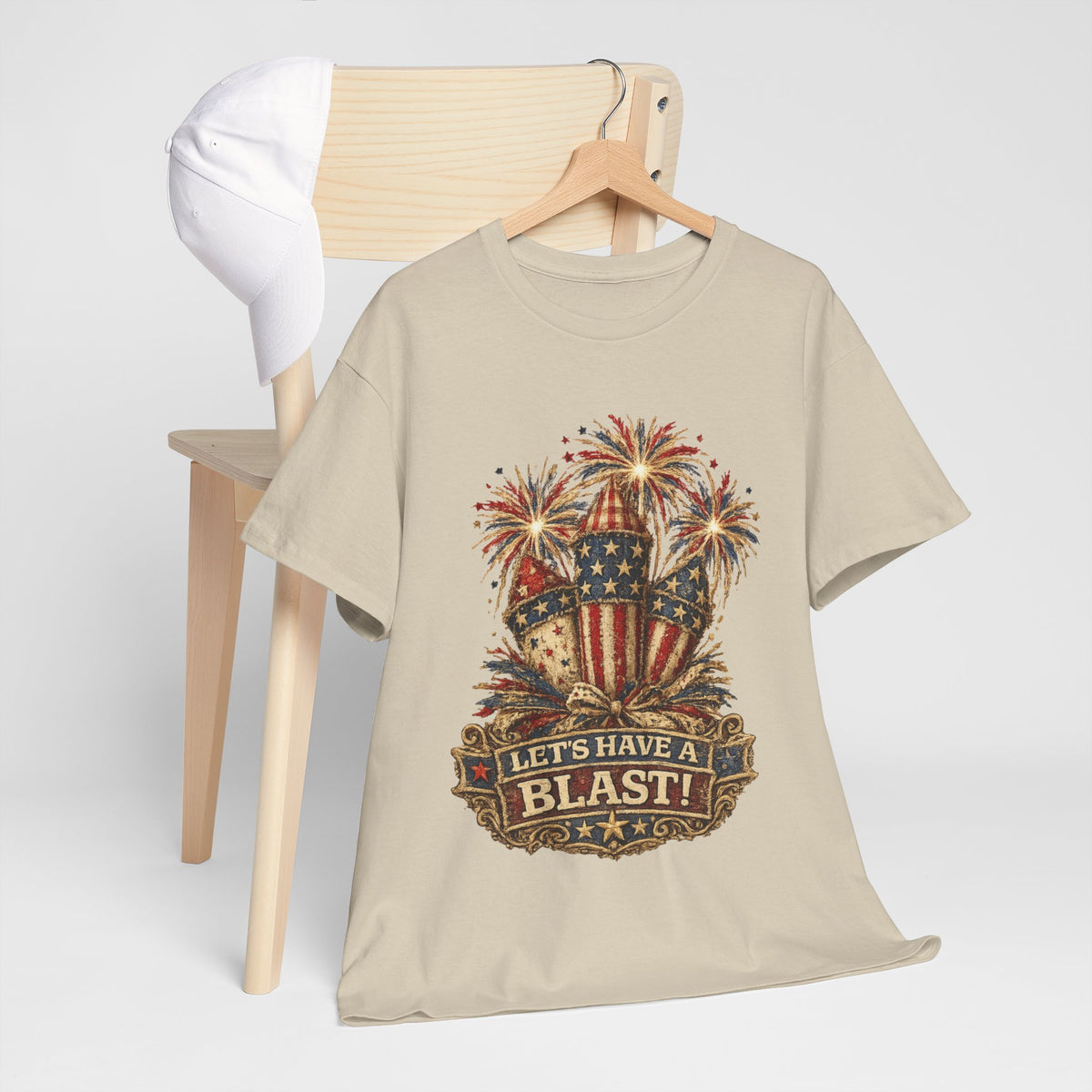 T-Shirt — "Let's Have a Blast!" American Flag Fireworks 4th of July Tee