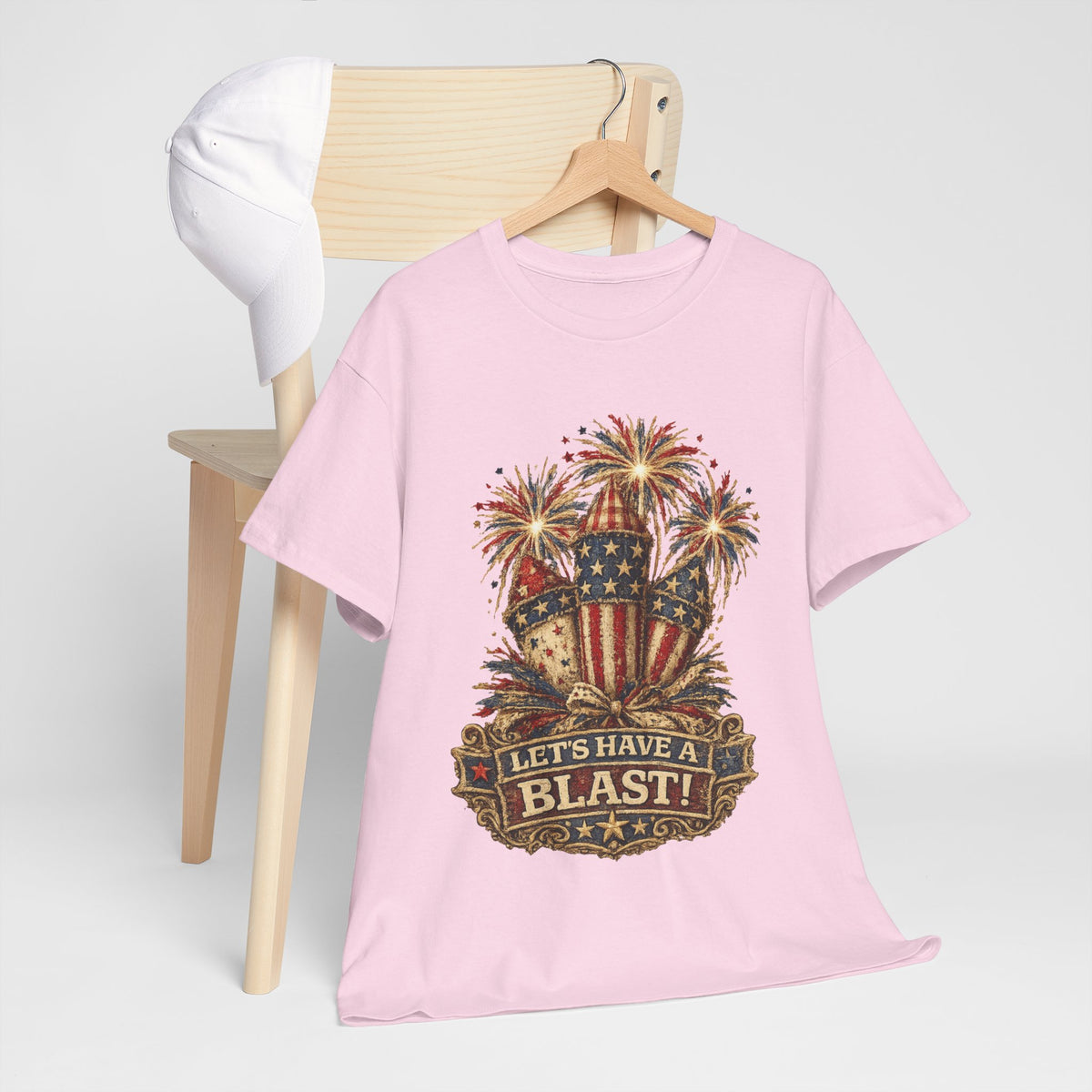 T-Shirt — "Let's Have a Blast!" American Flag Fireworks 4th of July Tee