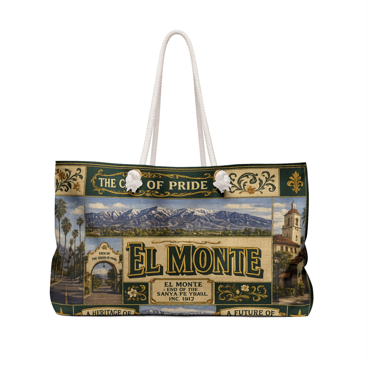 El Monte California Weekender Bag City of Pride Faux Patchwork Travel Tote End of the Santa Fe Trail Heritage Gift