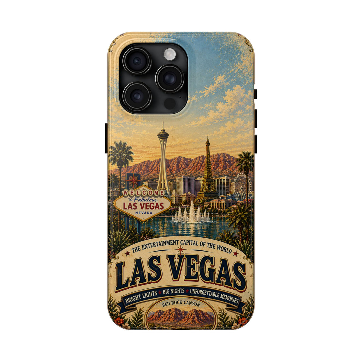 Las Vegas Faux Patchwork Phone Case – Entertainment Capital Retro Travel Art, Strip Skyline & Desert Sunset Cover