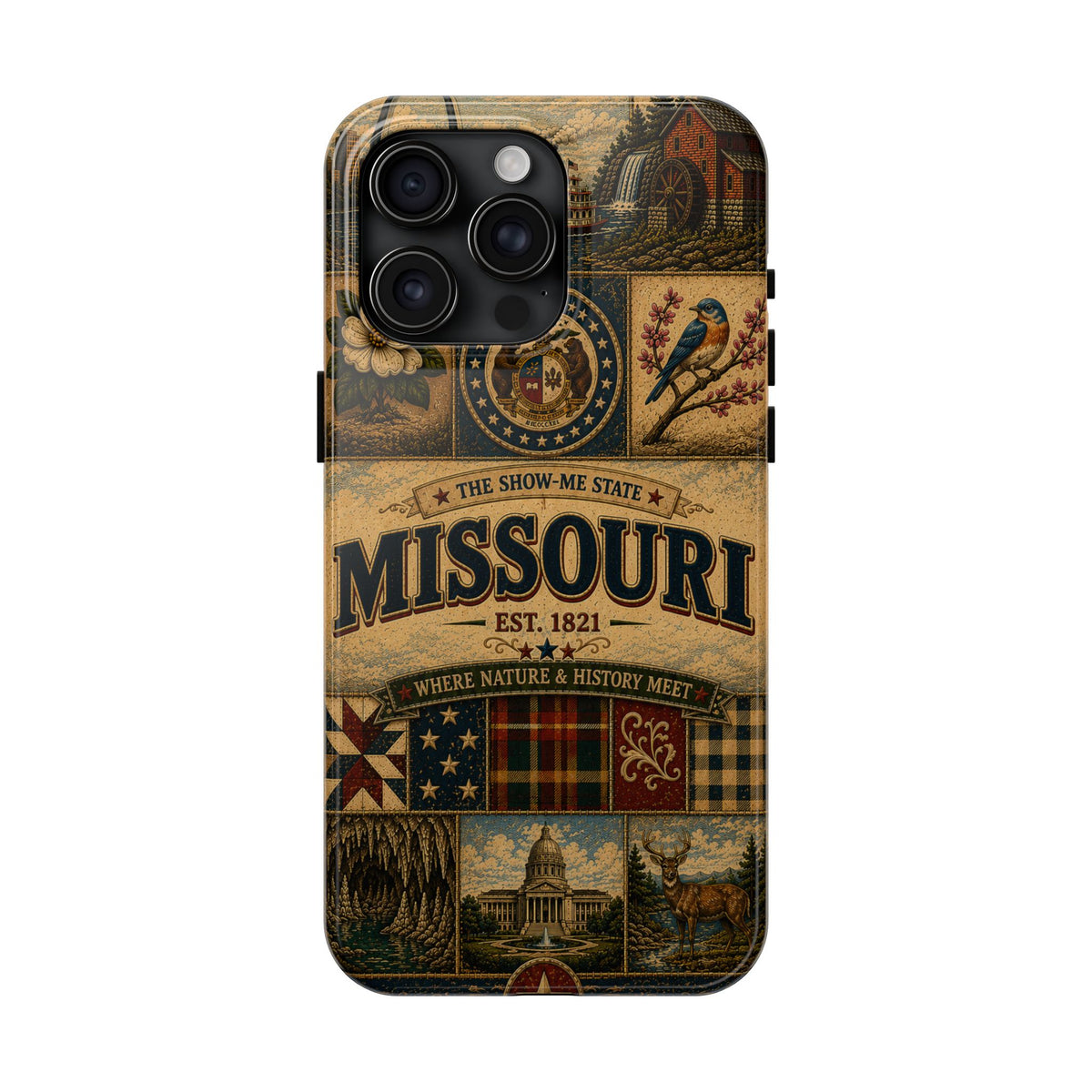 Missouri Show Me State Faux Patchwork Phone Case – Vintage Travel Poster Gateway Arch & Riverboat Cover for iPhone & Samsung