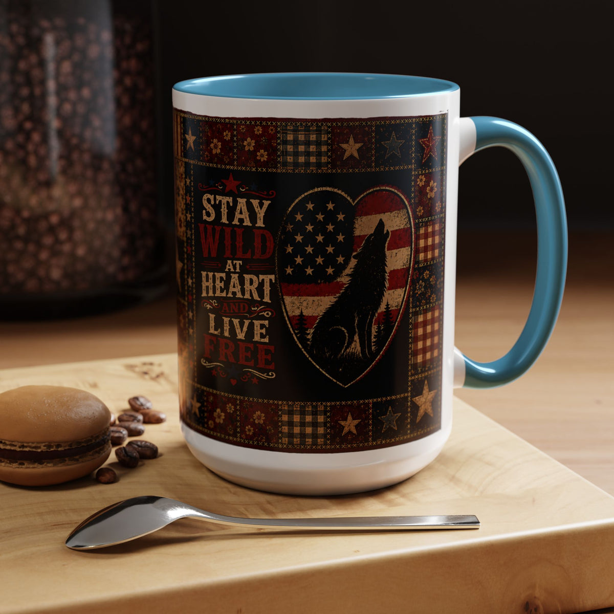 Patriotic Wolf Coffee Mug - "Stay Wild at Heart, Live Free" Accent Mug