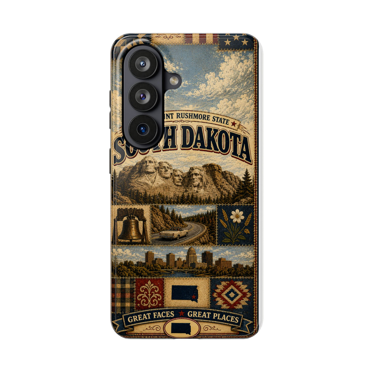 South Dakota Faux Patchwork Phone Case Mount Rushmore State Retro Bison Scenic Road State Pride Cover